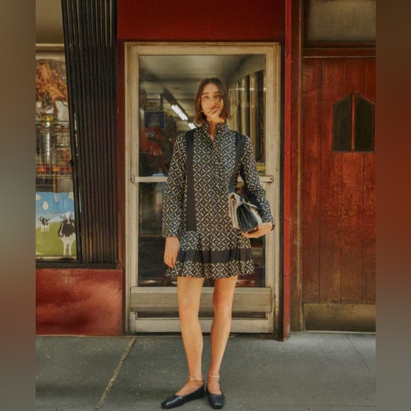 Tuckernuck Black Geo Tate Tencel Long Sleeve Drop Waist Mini Dress Size M - Picture 1 of 13